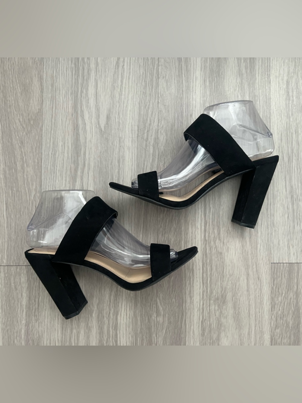 Lulu’s Marlowe Black Suede Two-Strap Block Heel Sandals Size 8.5